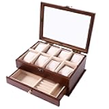 SHZICMY 8 Slot Wood Watch Box with Valet Drawer, Vintage Watch Case Display Organizer with Pillows, Soft Flocked Fabric Liner, 2-Tier Jewelry Organizer Watches Holder With Large Glass Top(Brown)