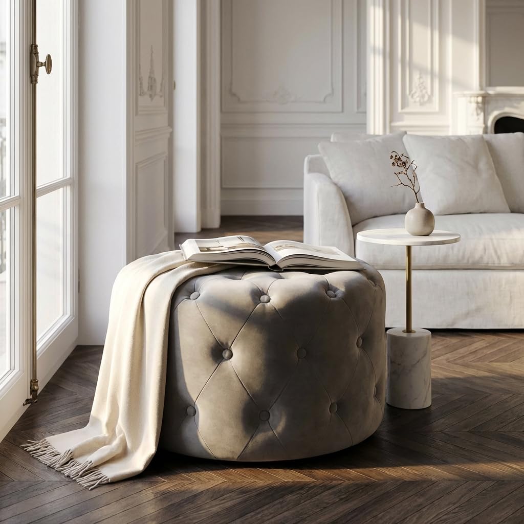 Pouf contenitore rotondo in velluto - PASCAL Tortora