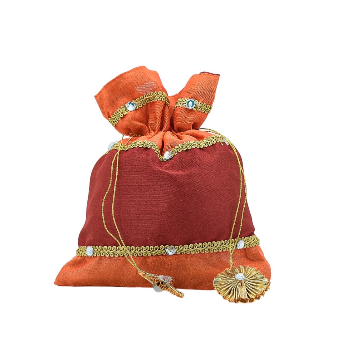Decorative Potli Bag, Red and Orange, Embellished with Gold Trim and Stones, Traditional Indian Style-image-4