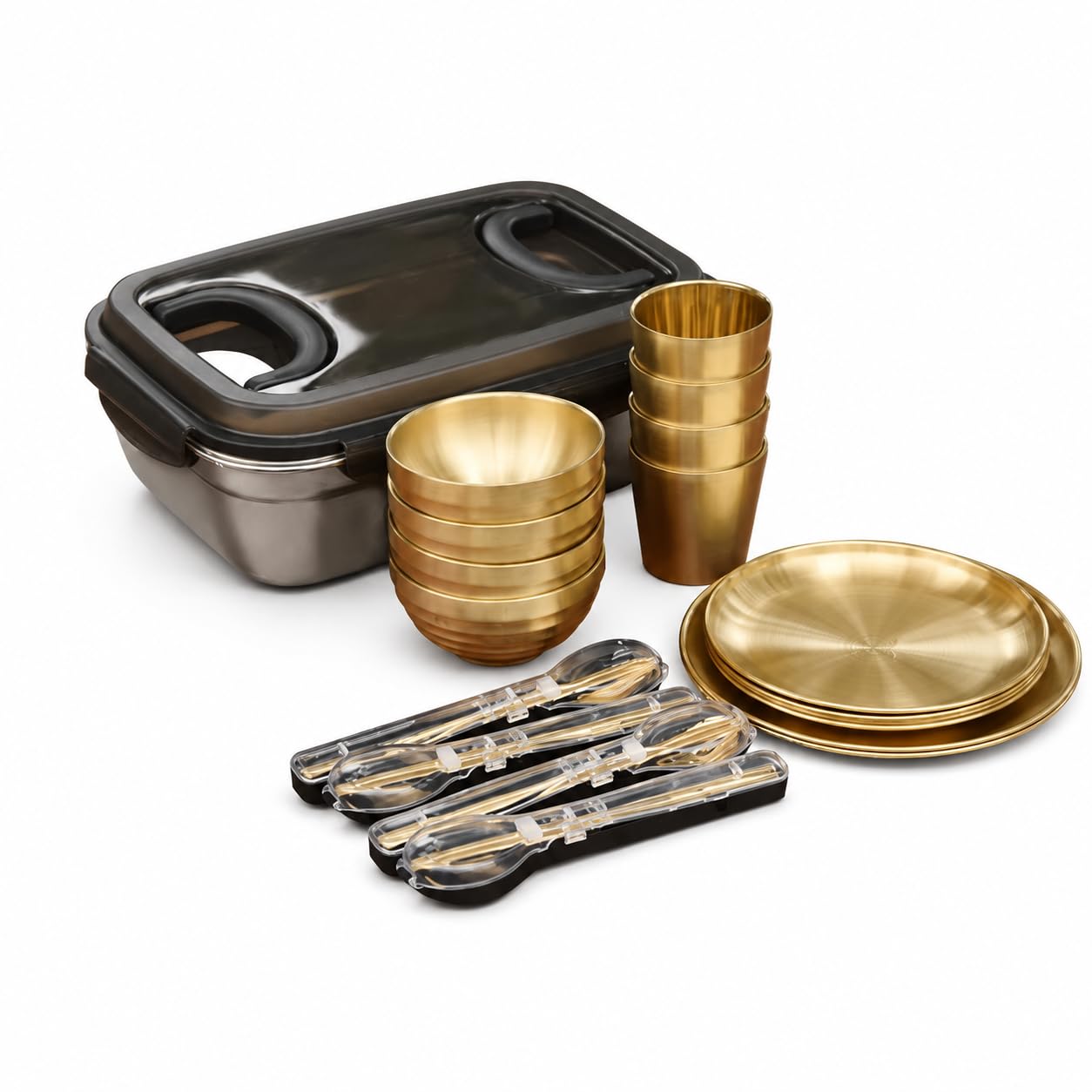 Robustes Camping Geschirr Set, faltbares tragbares Gold-Essgeschirr aus 304, Nesting Campinggeschirr mit Tasche für, 4 Personen