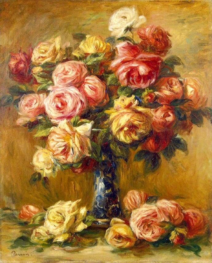 Arte mural floral vintage de Renoir: lienzo de rosas de 40x60cm para decorar el salón