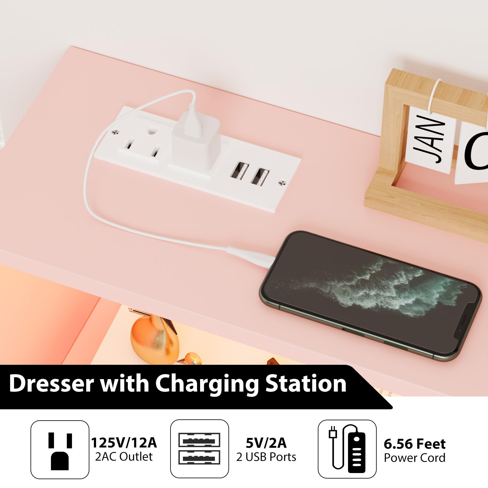 IDEALHOUSE Kommode mit 6 Schubladen (47 Zoll) & LED-Beleuchtung, mit integrierter Ladestation (Steckdosen/USB) - Holz-Schubladenschrank mit Ablagefach & 5 Metallfüßen - modern - Farbe: Pink