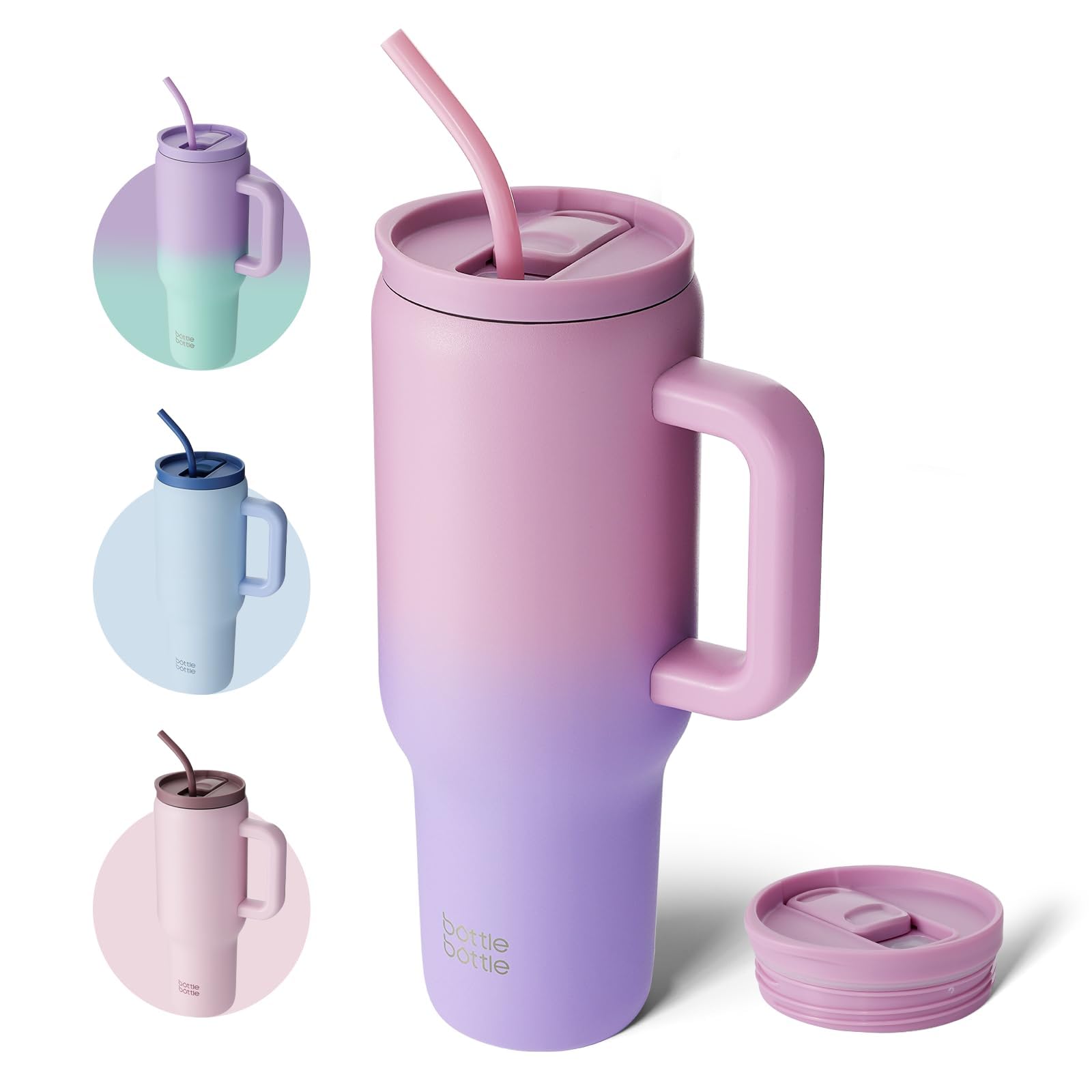 BOTTLE BOTTLE 40oz (1.2L) Kaffeebecher aus Edelstahl mit Griff & Strohhalm, BPA-frei, isolierter Thermobecher für Reise, Büro, Uni & Sport, Geschenkidee für Kaffee- und Teeliebhaber (Rosa Lila)