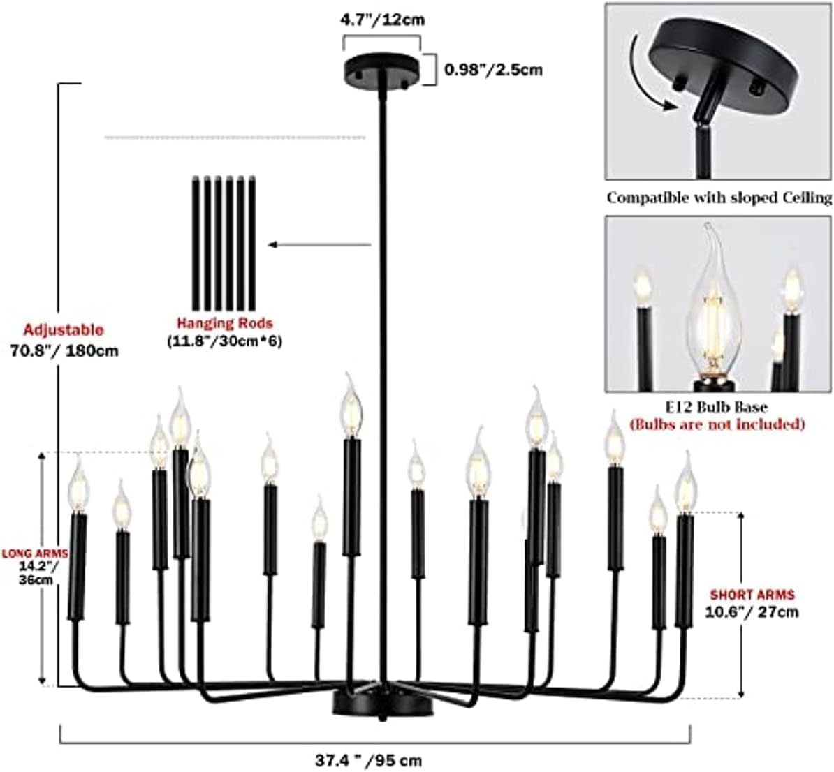 Chandeliers, Modern Farmhouse, 16 Light Industrial Metal Lighting, Classic Candle Hangilights Compatible with Hallway