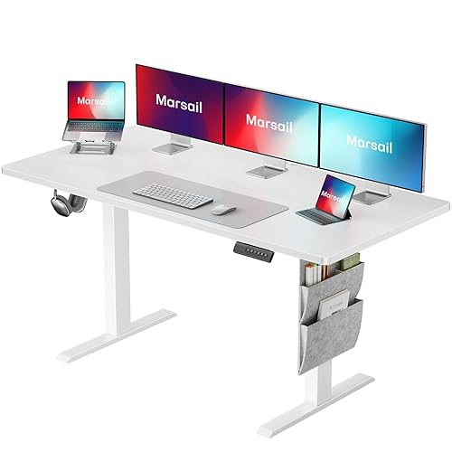 Marsail 63x24 Electric Standing Desk Adjustable Height, Stand up Desk with Storage Bag, for Home Office Computer Desk Memory Preset with Headphone Hook - White - 63x24"
