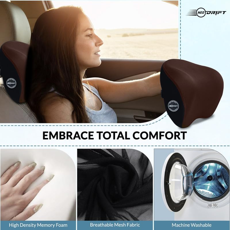 Image of Neodrift 'CurveNeck Pro' (Set of 2) | (Color - Brown) (Neck Rest Cushion Orthopedic Velvet Memory Foam Pillow for Neck, Head, Shoulder Support) Pain Relief for Car