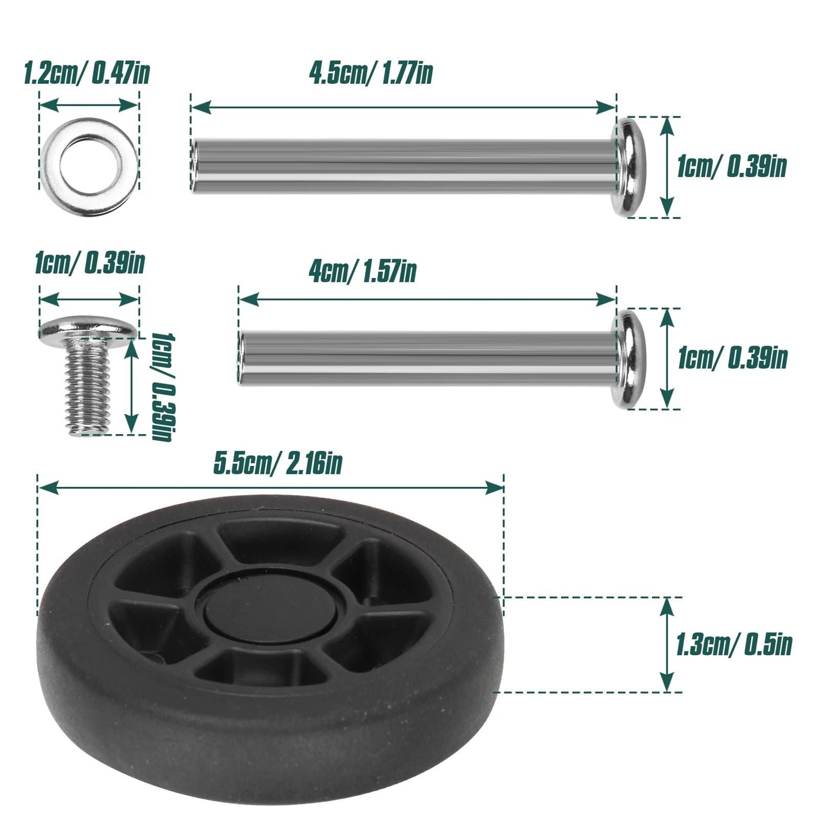 Kit di riparazione per bagagli con ruote di ricambio, 16 pezzi, colore nero, diametro 55 mm
