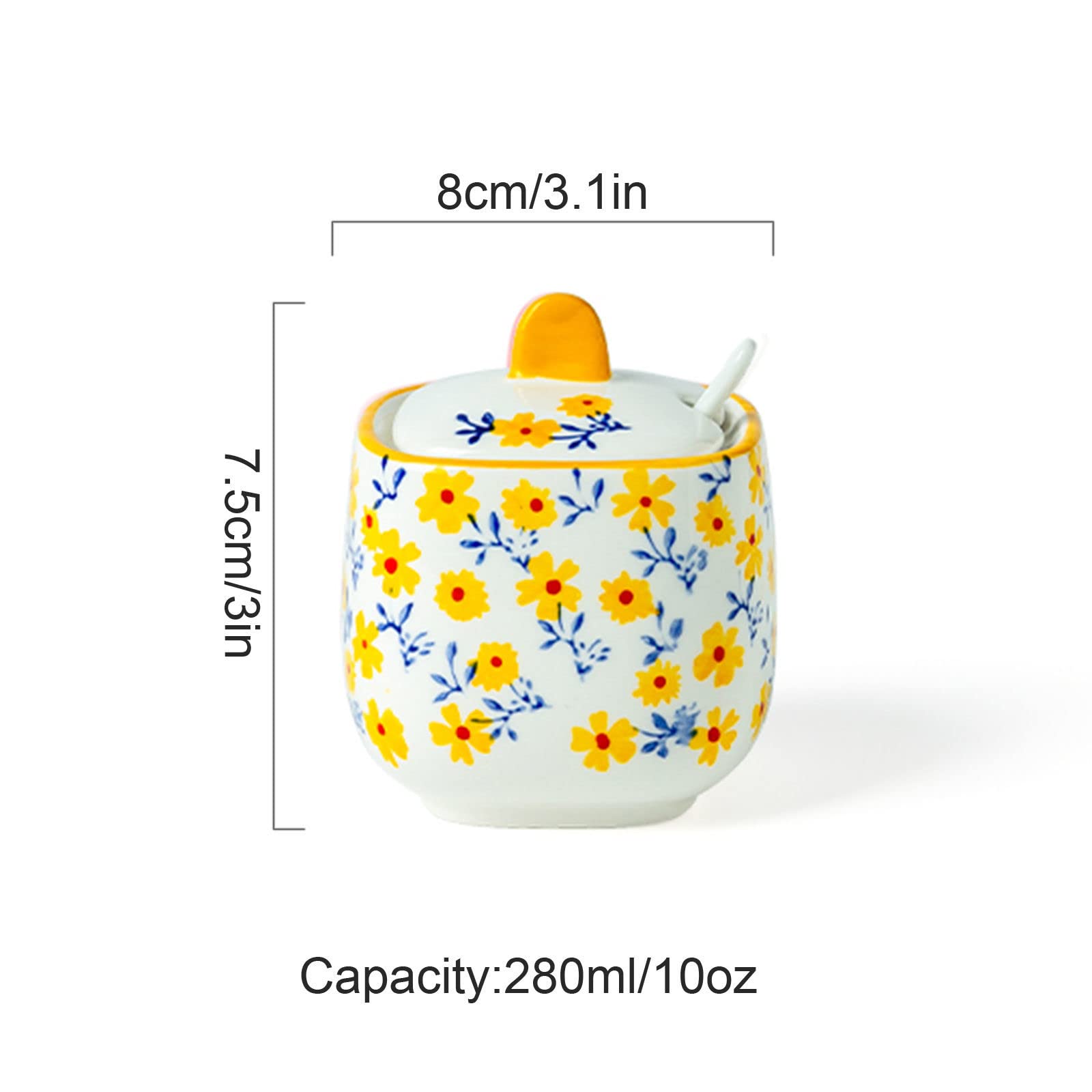 Tarro de especias de porcelana, azucarero, azucarero con patrón dibujado a mano con tapa, azucarero con forma de taza de té de cerámica, accesorios de café, vertedor de azúcar, almacenamiento de cocin