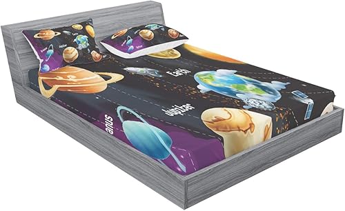 Miniatura 242 de Ambesonne Juego de sábanas bajeras y fundas de almohada con diseño de gato durmiendo en luna creciente, estrellas, sueños nocturnos, juego de ropa
