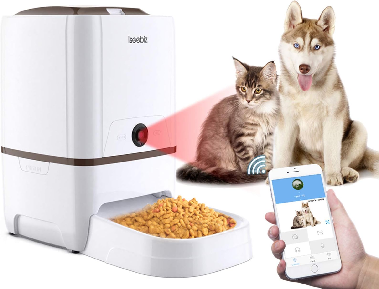 Iseebiz Automatic Cat Feeder Pet Feeder 6L Automatic Dog Feeder Food Dispenser Features:Wi-Fi Camera Time and Meal Size Programmable Recorder APP Control Up to 6 Meals a Day for Medium and Large Pet