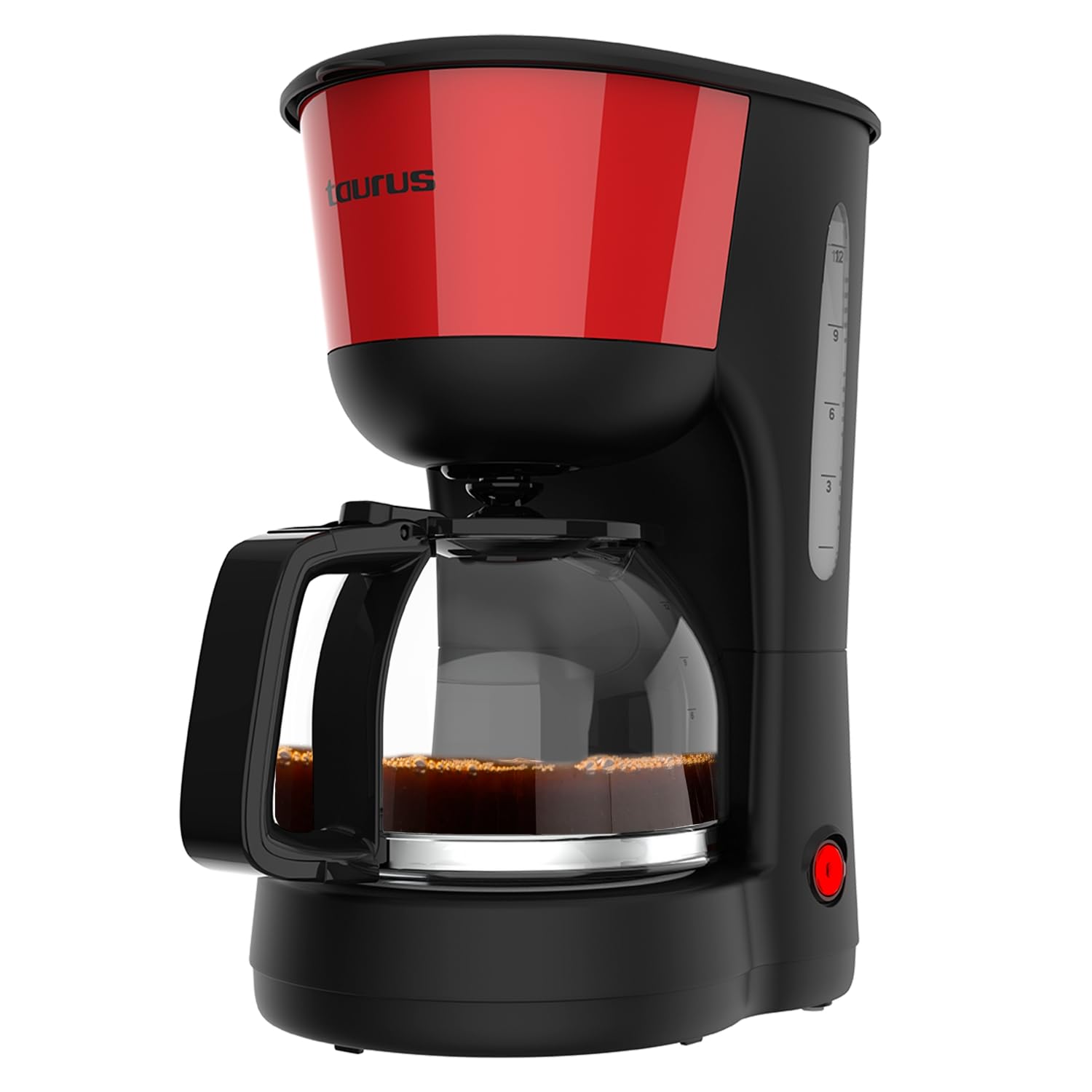 Taurus – Cafetera de Goteo Verona Vintage Red, 12 Tazas, 1000W, Jarra Cristal graduada, Depósito Agua Visible, Filtro Reutilizable, Auto Apagado, Placa calefactora
