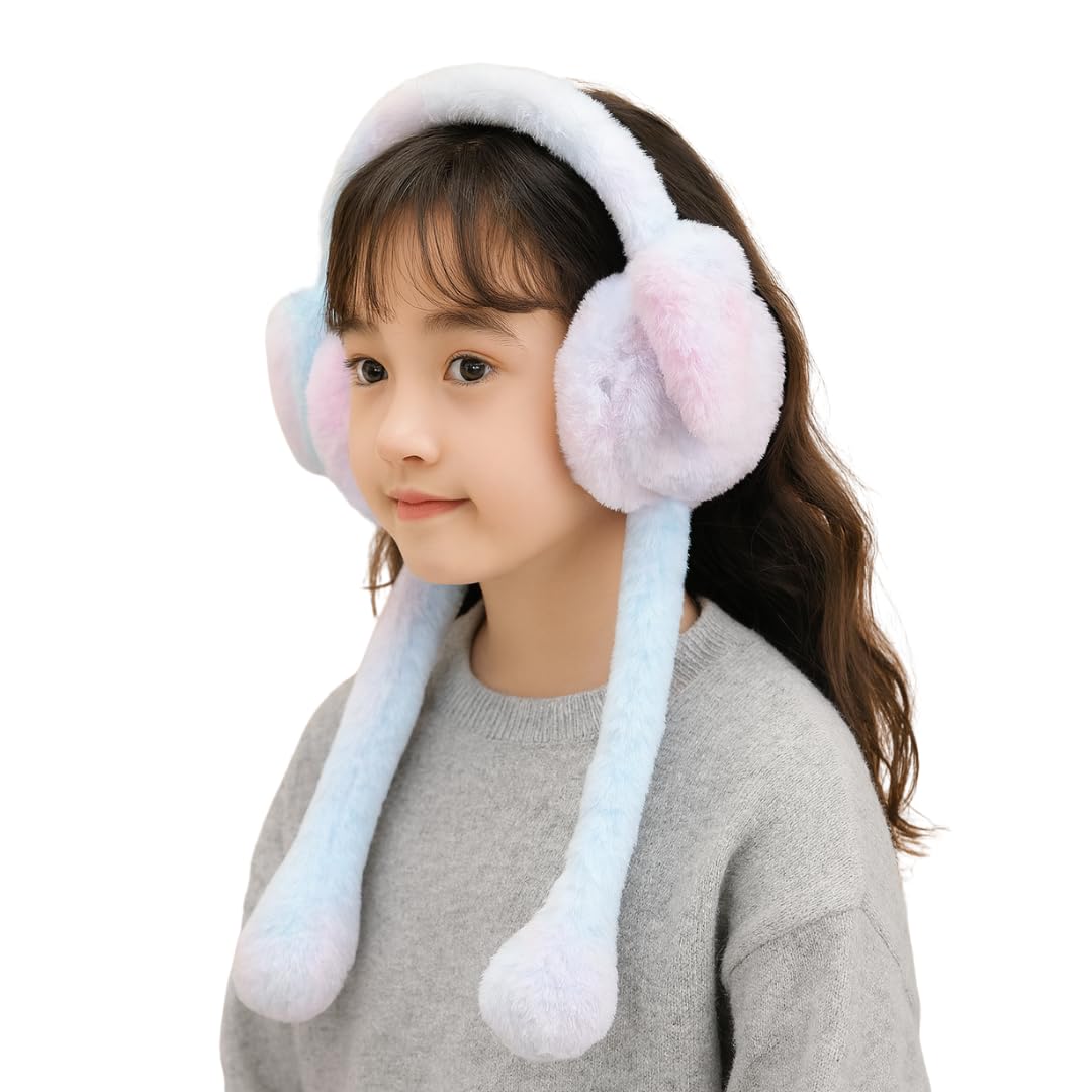 Plush rabbit Earmuffs, Pastel Blue and Pink, Soft Fluffy Winter Ear Warmers with Long Ties, chu chu earmuffs-image-14