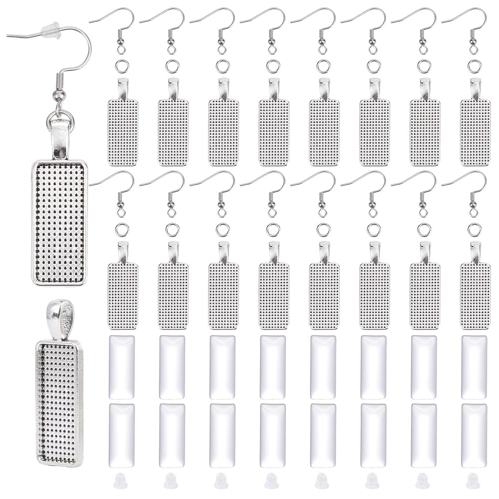 UNICRAFTALE 20 Sets 25x10mm Blank Rectangle Dangle Earring Bezels Pendant Trays Stainless Steel Earring Hooks with Rectangle Glass Cabochons for DIY Earrings Jewelry Making