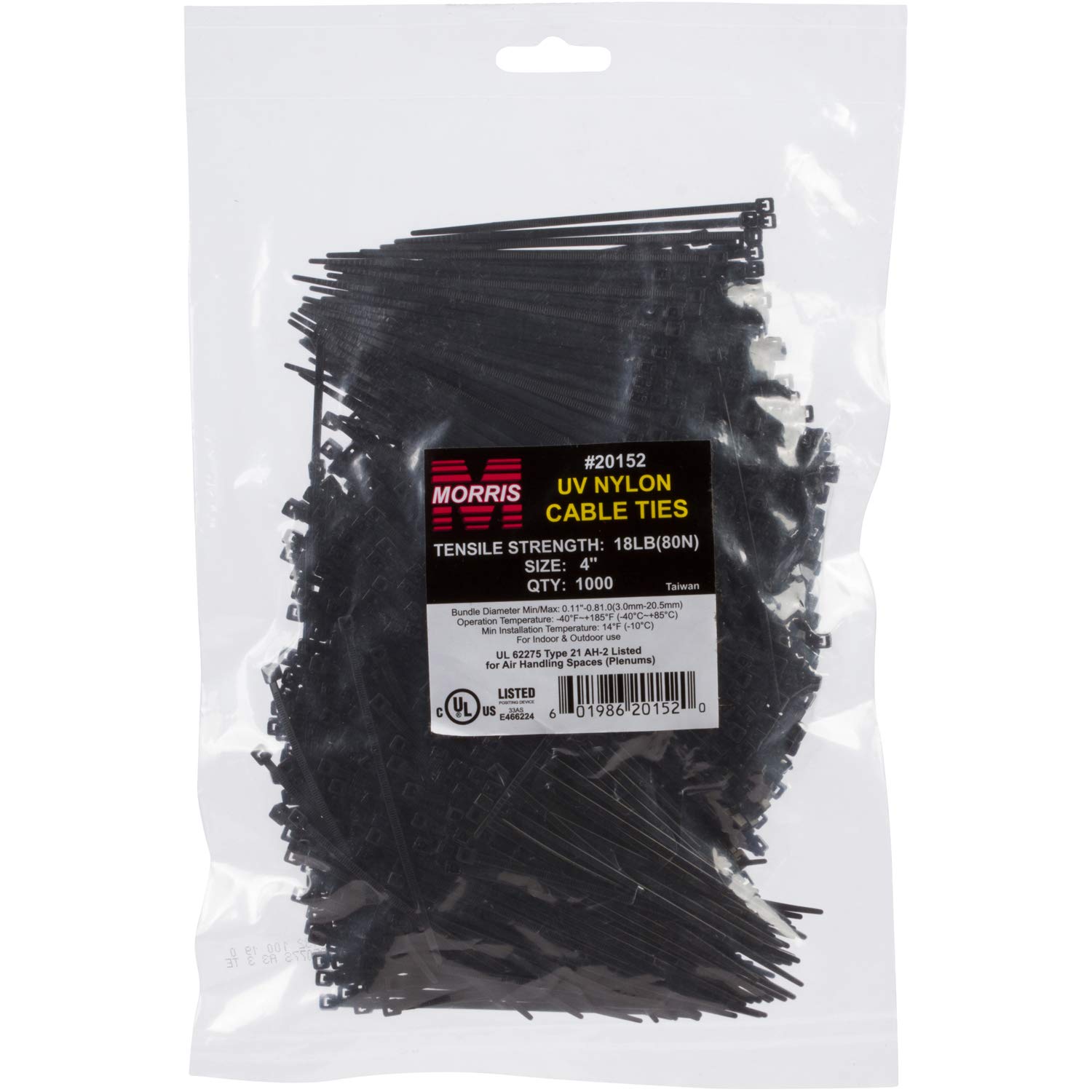 Morris Products Fascette stringicavo in nylon nero ultravioletto, lunghezza 10,2 cm, resistente, resistenza alla trazione di 8,2 kg, applicazioni per l'organizzazione dei cavi, resistenti ai raggi UV,