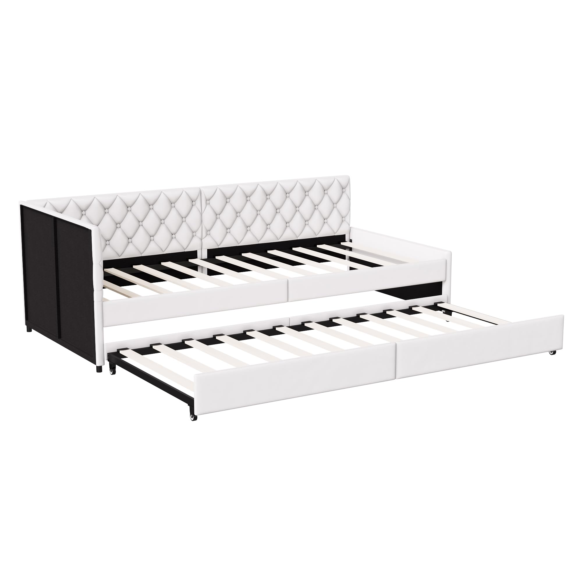 Divano letto in legno massiccio 90/180 x 200 cm, letto divano a 2 posti convertibile con 2 cassetti portaoggetti e rete a doghe per divano letto allungabile con schienale e braccioli, senza materasso