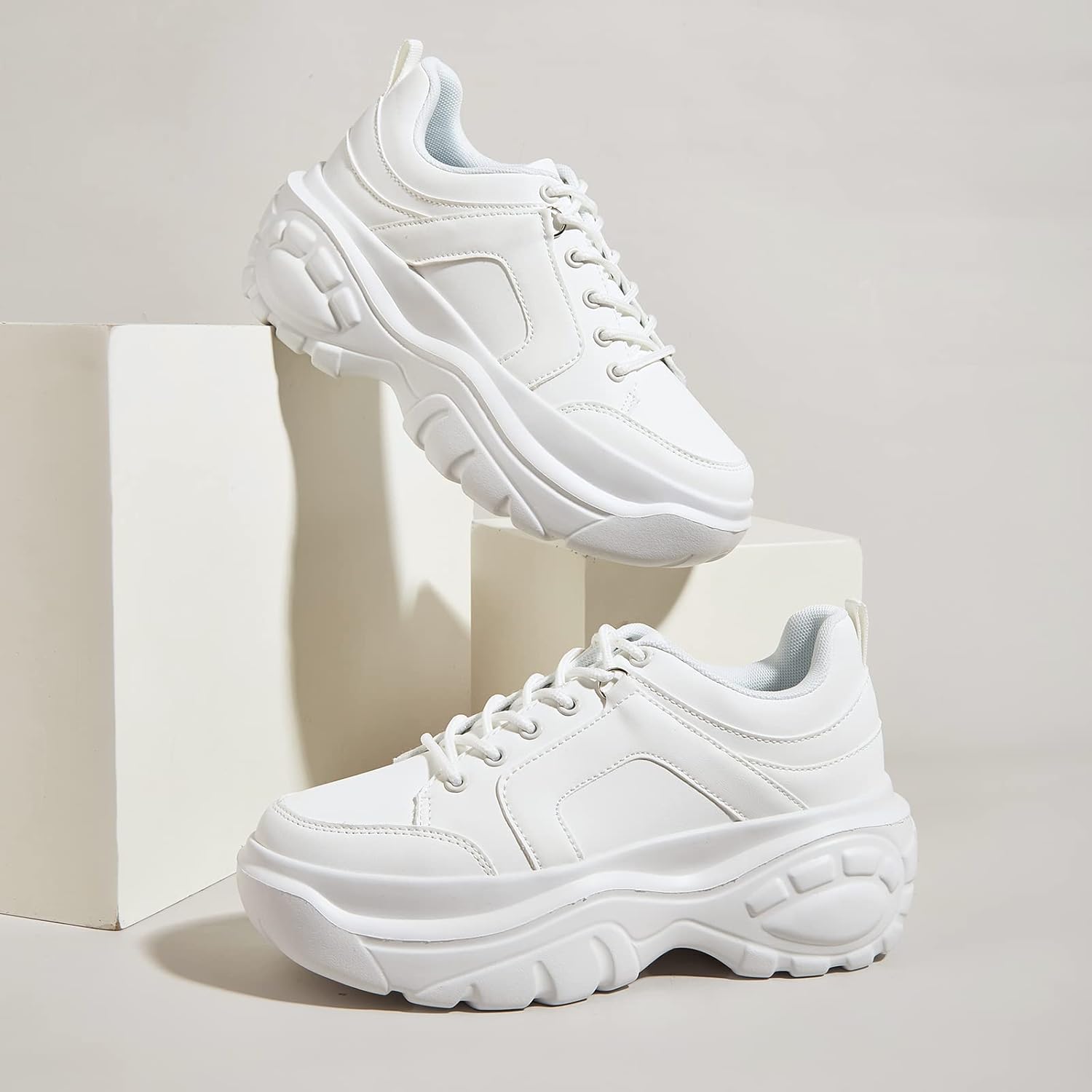 LUCKY STEP Women Chunky Platform Dad Colorblock White Neon Green Fuchsia Hologram Silver Casual Lace-Up Walking Sneakers - Image 3