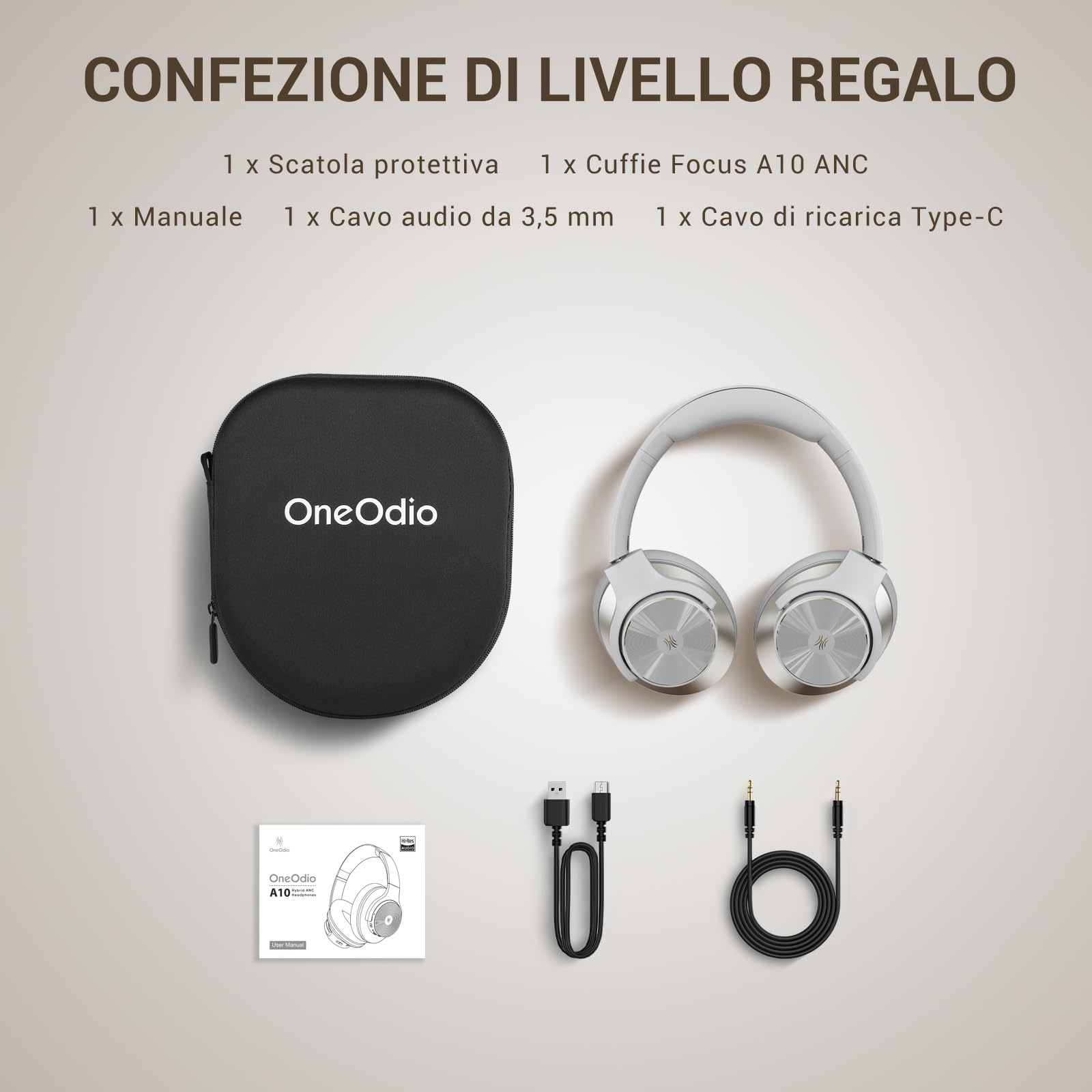 OneOdio A10 Cuffie Bluetooth Over Ear Cuffie Wireless Bluetooth con Cancellazione Attiva Rumore Adattiva fino al 98%,Ttecnologia ANC Ibrida,Riproduzione 62 Ore,Comodo da indossare Grigio Arg