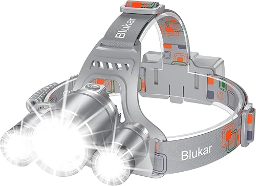 Blukar Linterna Frontal LED, linterna recargable súper brillante, 3 luces, 5 modos, zoom, combinación de focos y luz de inundación, IPX6