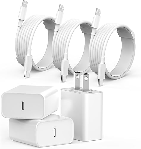 Cargador de iPhone de carga rápida, paquete de 3 certificado Apple MFi PD 20 W USB C iPhone Bloque de carga rápida y 6 pies tipo C a Lightning cable