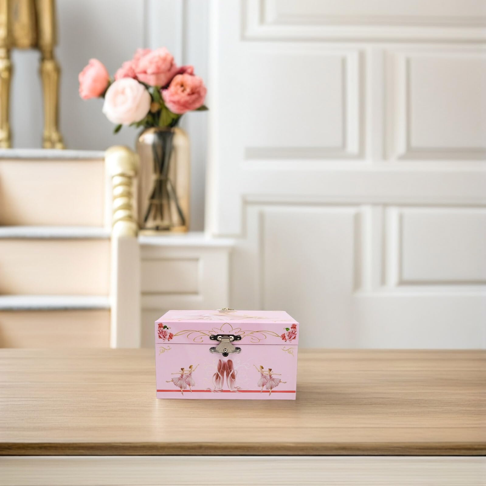 NUOBESTY Caja de Música Bailarina con Compartimentos para Niñas Rosa en MDF y Papel con Almacenamiento de Joyas, Diseño Elegante Tamaño Portátil para Habitación Infantil