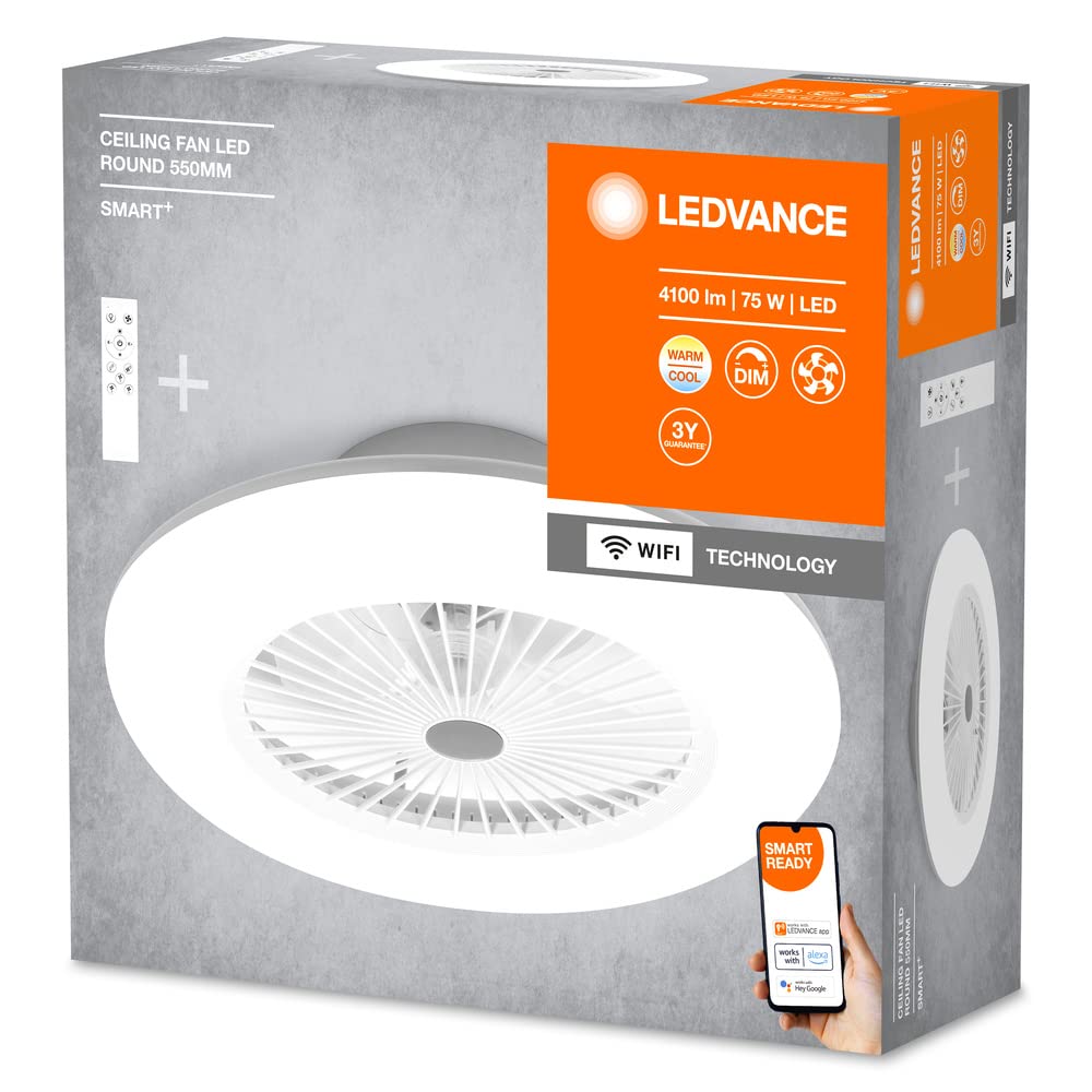 LEDVANCE Smarte WiFi LED Deckenventilator Leuchte, rund, weiß, dimmbar, regelbare Luftgeschwindigkeit inklusive Fernbedienung, steuerbar über App und Sprachassistenten, einfache Montage