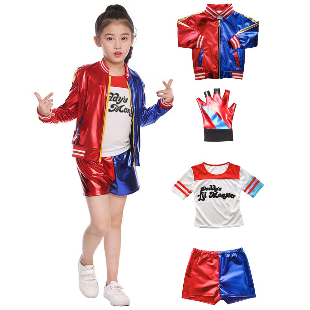 AmycuteQuinn Cosplay Costumes for Adults Children, Girls Villain Suicide Costume Kit Includes Jacket, T-Shirt, Shorts and Glove for Halloween Carnival Cosplay