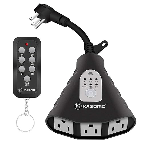 K KASONIC - Temporizador de luz para exteriores, interruptor de temporizador de salida de sensor de enchufe impermeable, control remoto de rango de