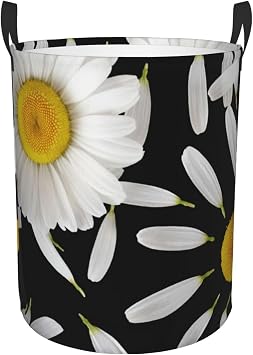 Laundry Basket,Chamomile Petals Blooms on Black Bathroom Organizer Basket Waterproof Foldable Cloth Hamper with Lining for Home Storage