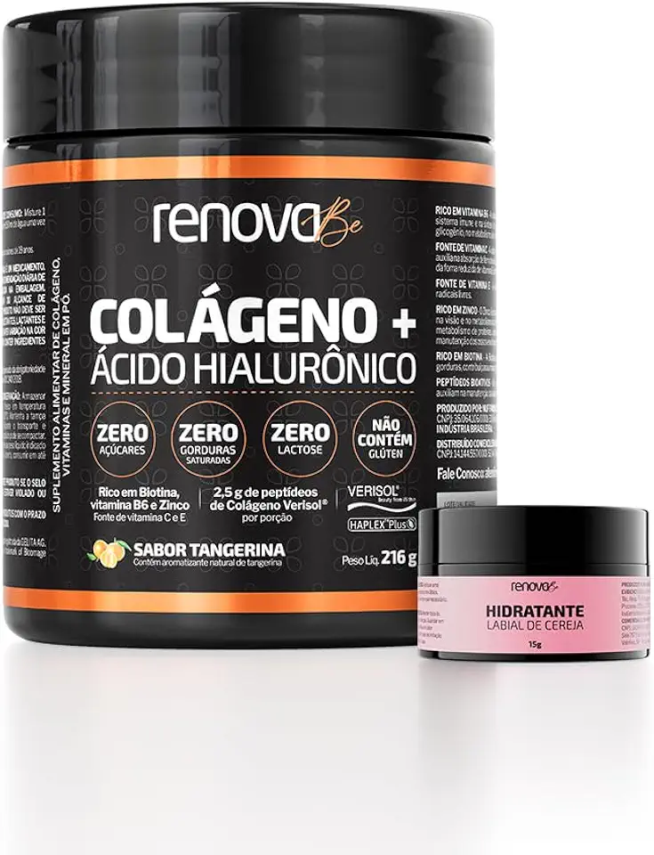 Renova Be Colágeno Verisol Com Ácido Hialurônico Sabor Tangerina 216g em Pó + Hidratante Labial 15g