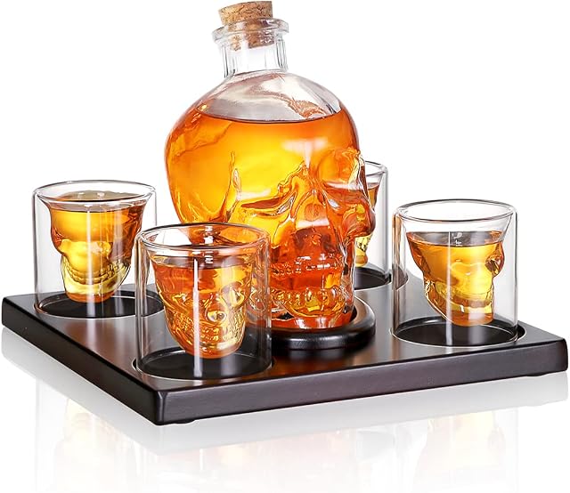 6-piece whisky set decanter skull - 1 x carafe 750 ml, 4 x whisky glasses 130 ml, 1 x wooden tray - crystal glass - drink, long drink, bar - gentleman, man - skull, skull, skull, skull