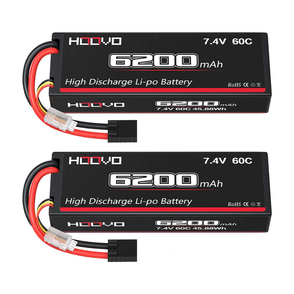 HOOVO 7.4V 60C 6200mAh 2S Lipo Battery Hard Case with Tracxas Plug for RC Car Truck Losi Tr Slash Buggy Team Associated (2 Packs)