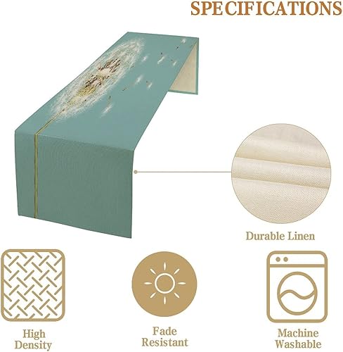 Miniatura 3 de Elegante camino de mesa de café de lino blanco con diente de león turquesa, camino de mesa de 14 x 72 pulgadas, pinturas abstractas, caminos de