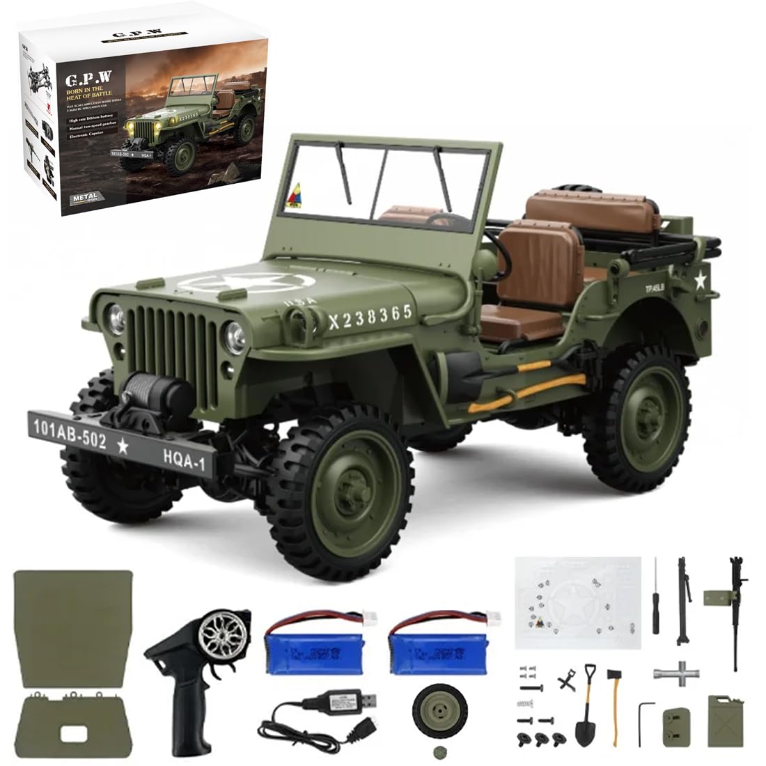 HG4-58 1:14 Militär-Jeep aus Metall, 2.4G 4WD Off-Road RC Truck with 2-Speed Gear, Multi-Function Protection & Adventure Accessories Kit, realistische Willys-Kletterauto-Nachbildung für Erwachsene