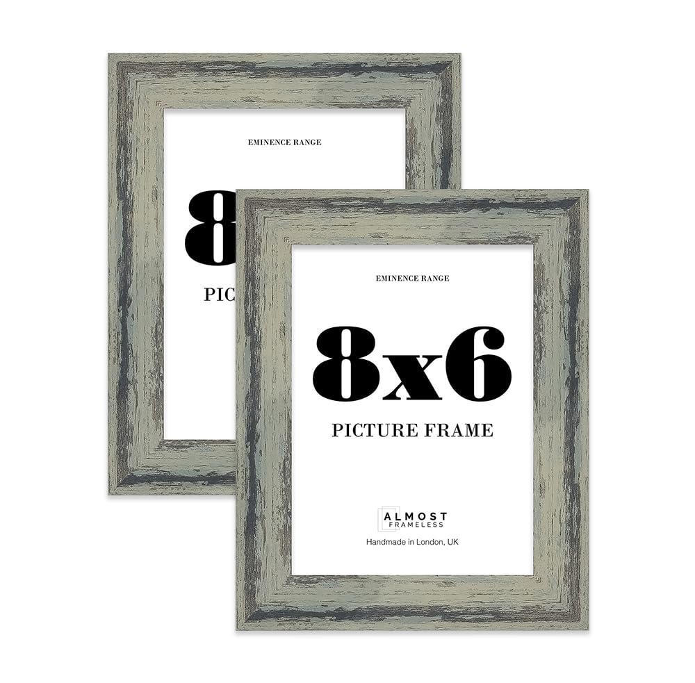 8x6" Distressed Green Picture Frame - Rustic Wood Industrial Effect Photo Frame for Wall Display, Ideal for Posters, Prints & Home Décor, Wall Hooks and Kickstand, 32mm Edge - 2 Pack