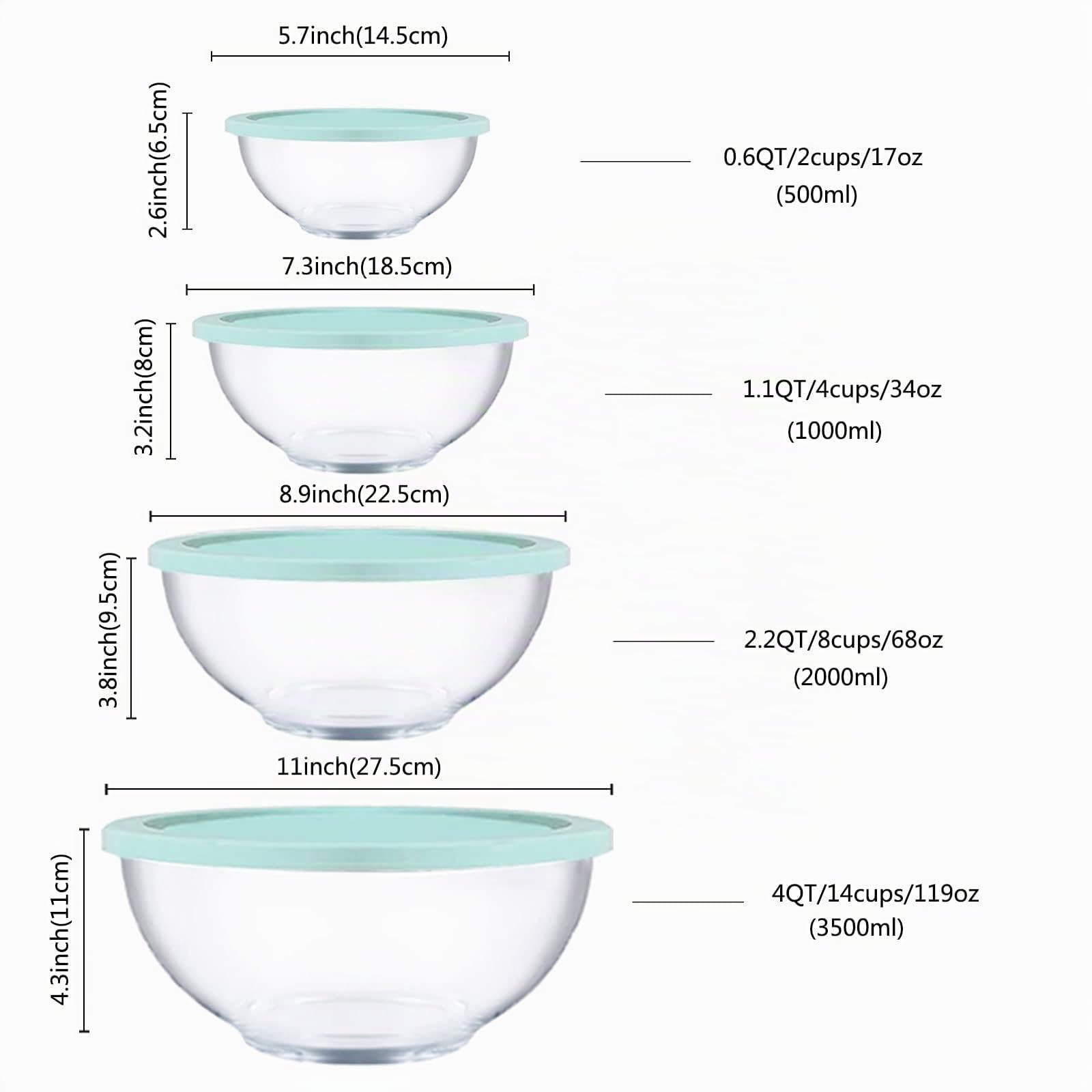 Homwin Juego de 4 Cuencos de Vidrio para Mezclar con Tapa (0,5 L, 1,0 L, 2,0 L, 3,5 L), Ensaladeras Redondas Grandes para Cocina, Ideal para Almacenar Alimentos, Cocinar, Hornear, Preparar