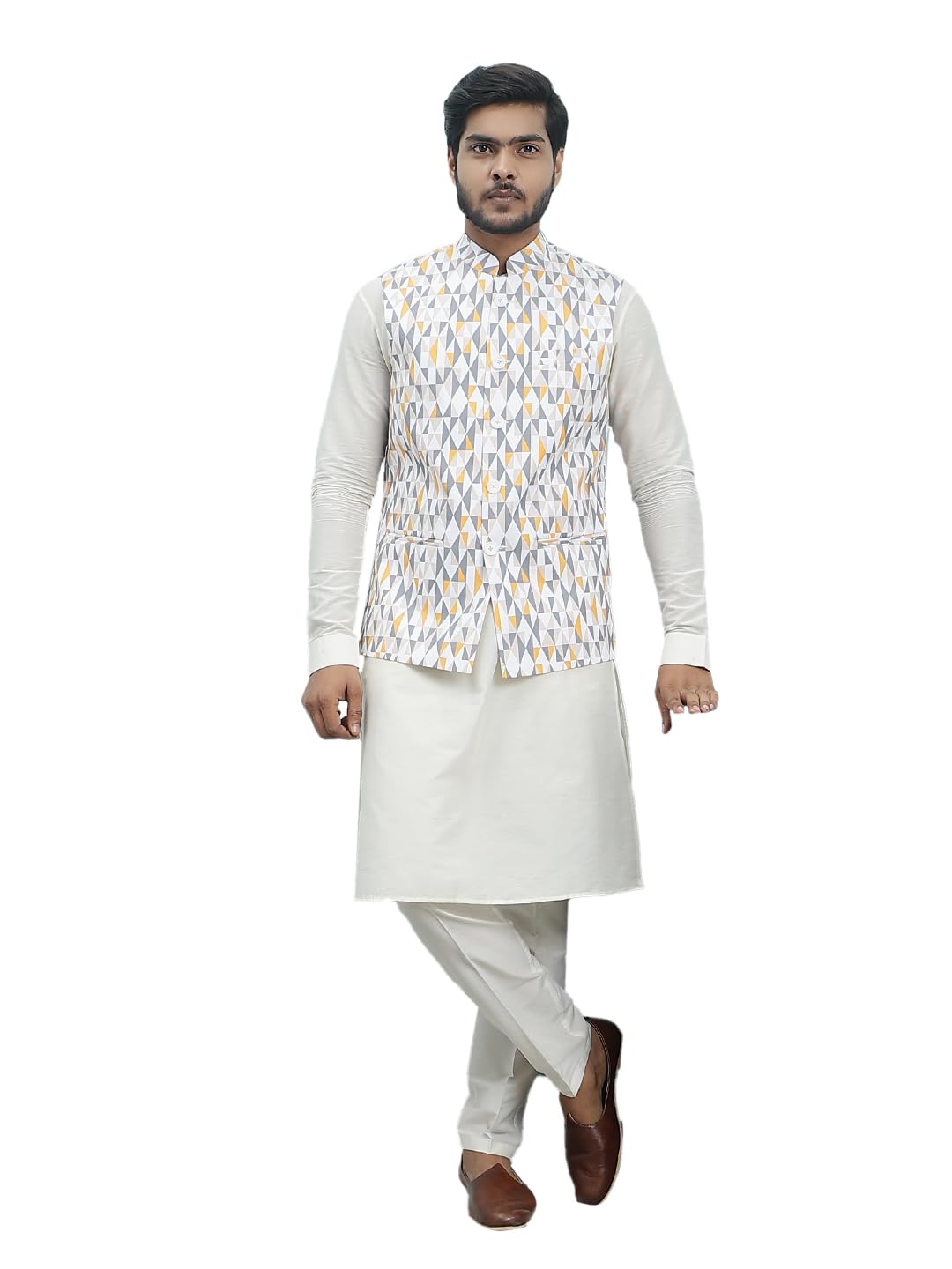 see designs Men Off White Kurta Pajama And Off White Digital Print Cotton Nehru Jacket-picture-23