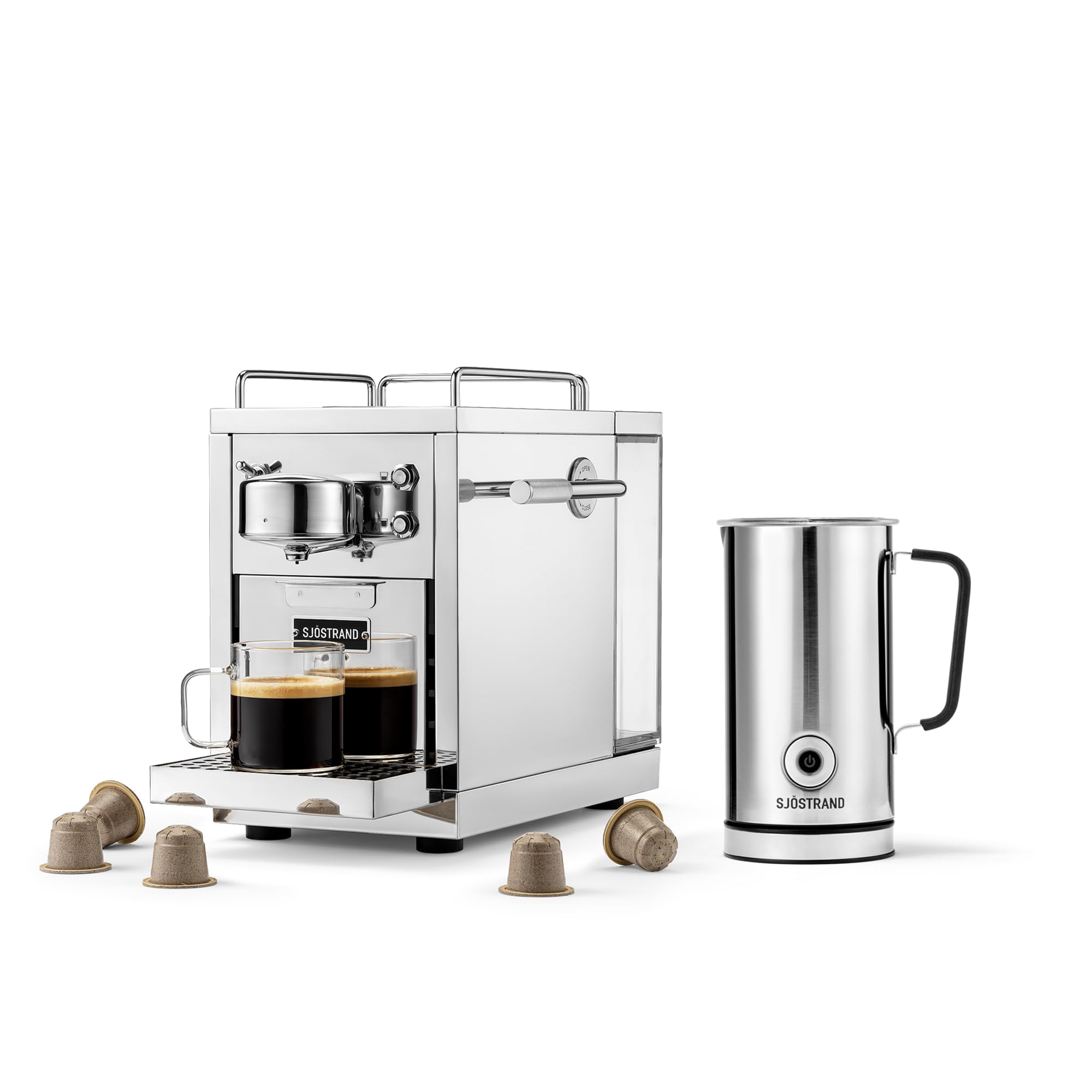Sjöstrand The Original 2 zestaw spieniaczy do mleka – kompatybilny z Nespresso®, obudowa ze stali nierdzewnej, skandynawskie wzornictwo (chrom)