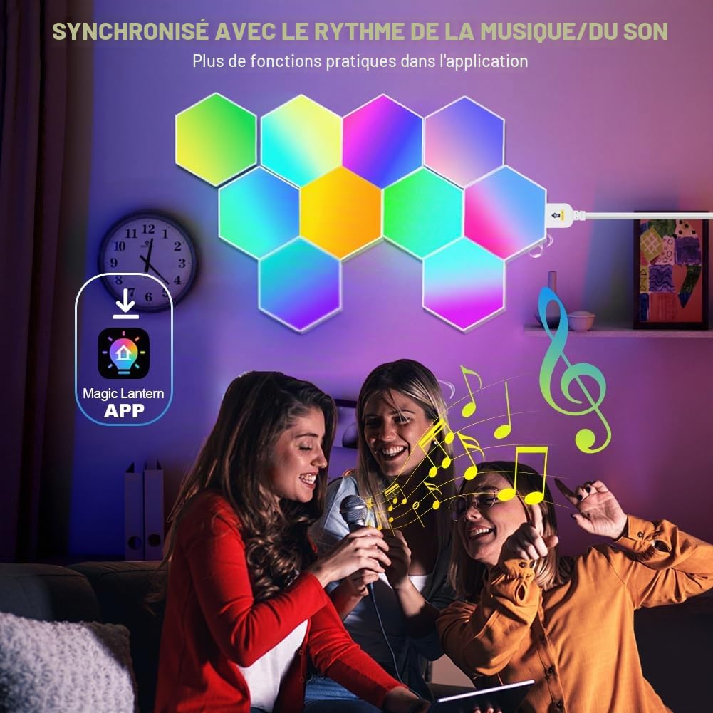 Panneau LED Hexagone Murale Lampe, 10 Panneaux Lumineux LED Connectés, Smart Deco Music Sync Modulaires RGB Lights App&Télécommande Contrôle, Creative Gaming Appliques Murales pour Salon-10pcs