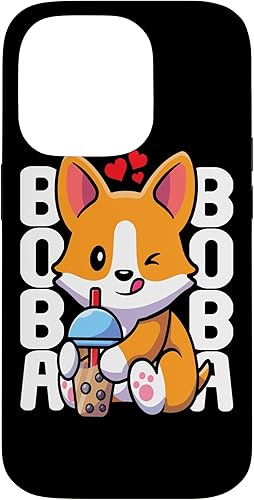 Funda Kawaii con diseño de corazón de té de burbujas para iPhone 14 Pro Kawaii Boba Dog Corgi Tea Drink