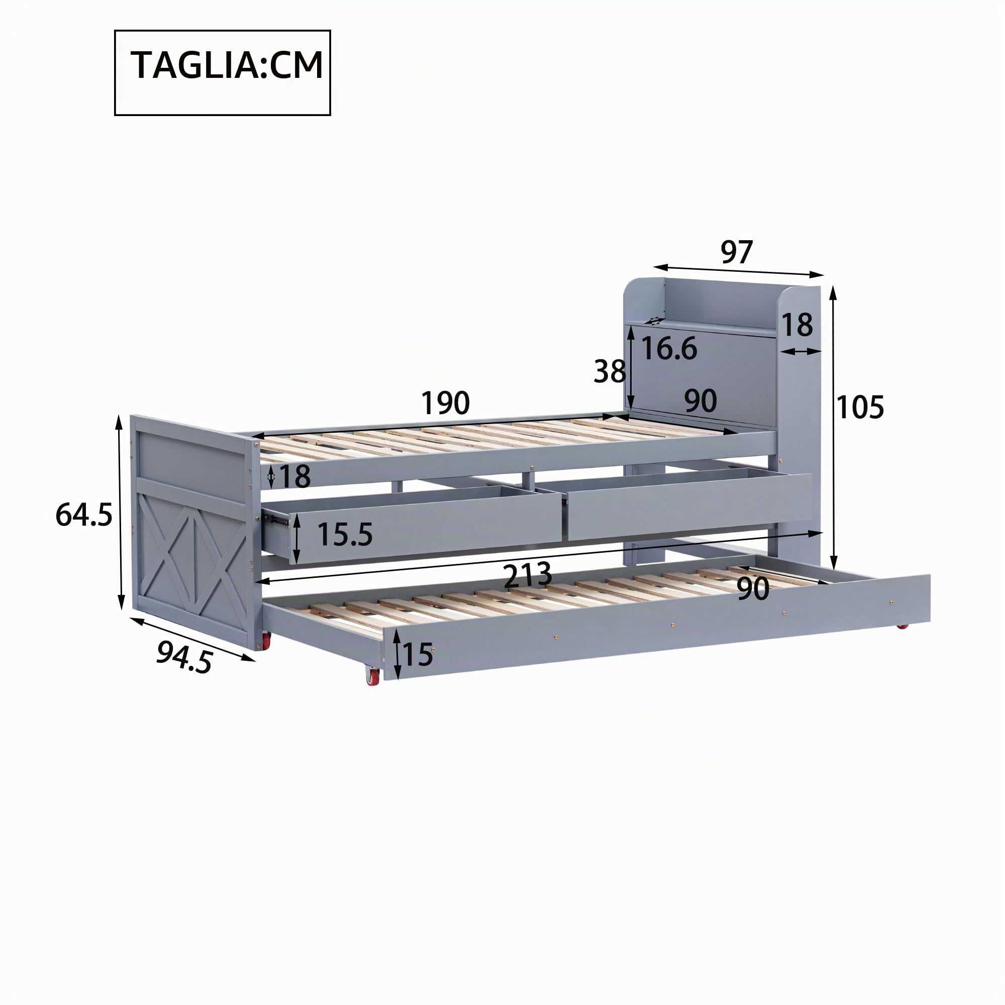 Letto singolo 90x190 cm, letto in legno massiccio di pino multifunzionale con cassetto estraibile, rete a doghe, comodino con ripiani e presa USB, letto per ragazzi e ospiti (Grigio)