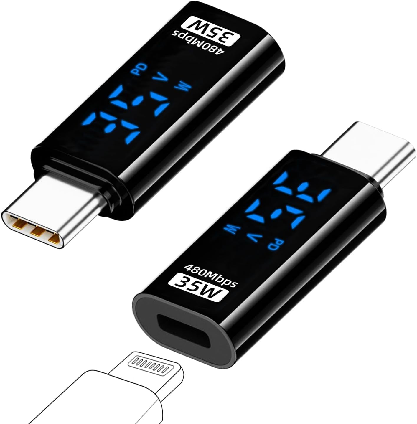 RyzCare 1 Pack USB-C Adapter with LED Display, PD 35W USB Type C Male to Lighting Female Connector for i/Phone 15/15 Plus/15 Pro/15 Pro Max, i/Pad Air/Pro, Support Voltage and Power Smart Display-image-38
