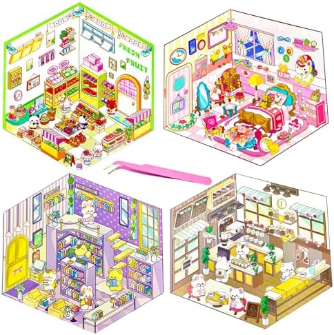 DIY 3D House Stickers Kit 4 Sets Non-Toxic & Safe 3D Miniature Scene Therapy for Kids and Adults, Stress Relief Sticker Scenes with Tweezers Creative Fun & Reusable DIY Sticker Therapy Kit for Age 3+