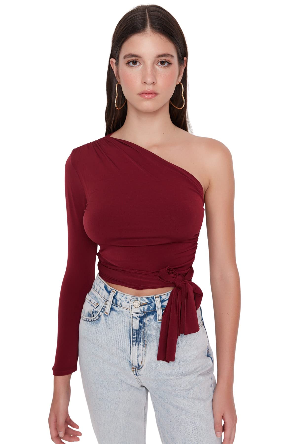 Trendyol Woman Slim fit Basic Asymmetrical Collar Knit Blouse Burgundy