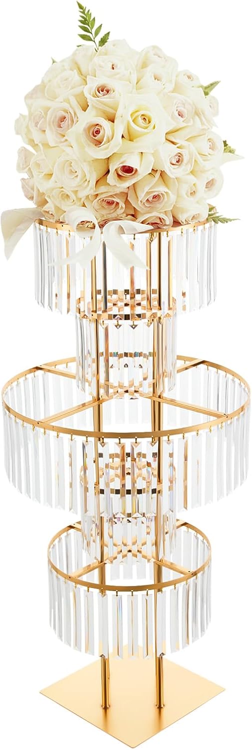 5 Tier Wedding Acrylic Crystal Vase, Wedding Centerpiece with Hanging Crystal, Flower Stand Arrangement Decoration for Wedding Birthday Party Road Lead T Stage (Gold, Square)