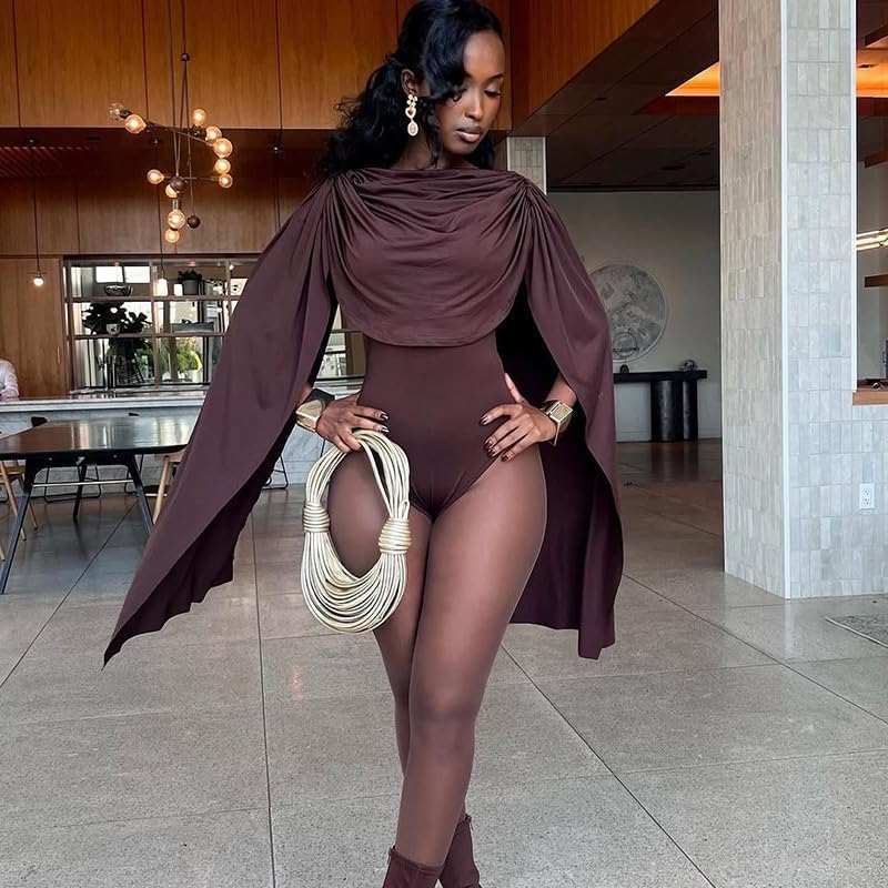 THLAI Sexy Jumpsuits for Women Cape Long Sleeve Bodysuit Top One Piece Club Night Out Outfits Bodycon Romper - Image 2