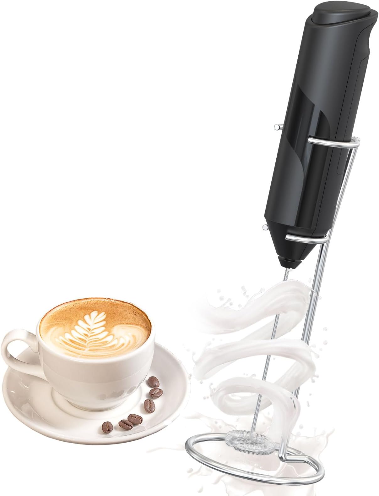 Electric Milk Frother Handheld for Coffee, Amlink Whisk Beater Foam Maker for Lattes, Cappuccino, Hot Chocolate, Frappe, Matcha, Battery Operated Durable Mixer (Black with Stand)