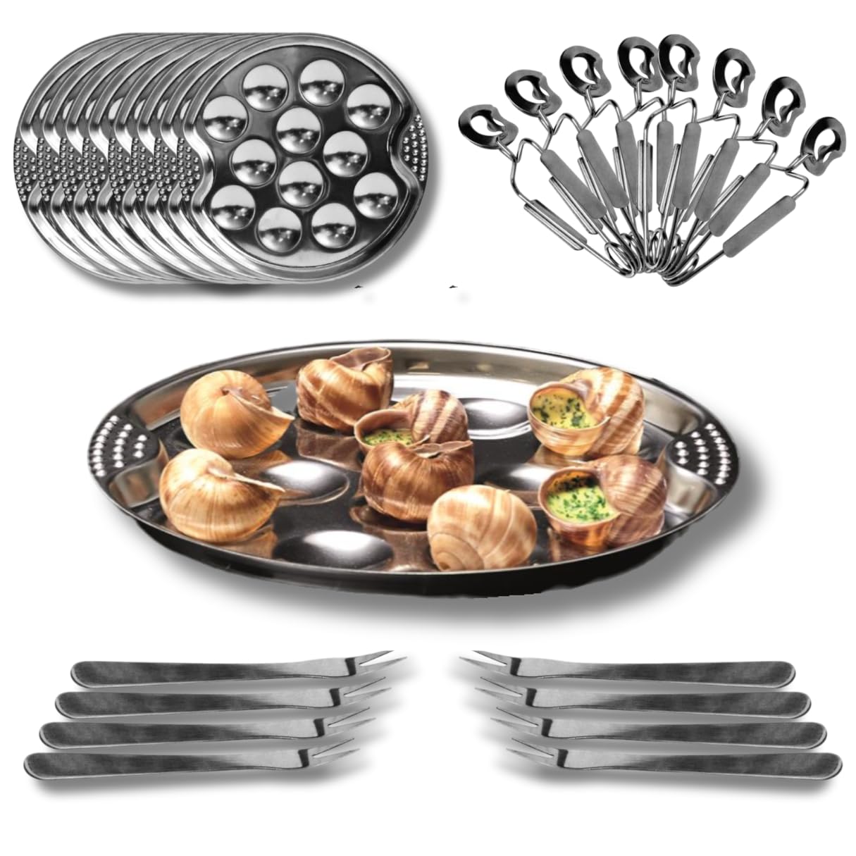 Service à Escargots 12 trous - Assiettes, Pinces et Piques à Escargots en Acier Inoxydable - Coffret Complet d’Ustensiles pour 4, 6, 8 ou 12 personnes (Set 24 pcs)