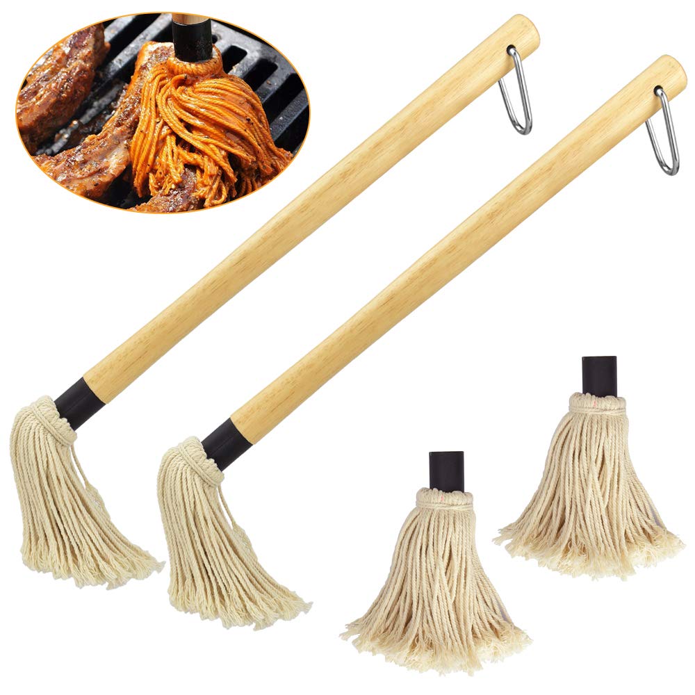 2 Pezzi Pennelli per Barbecue Spazzole per Barbecue Mocio Professionale per Barbecue in Legno, con 2 Testine di Ricambio per Cottura Arrosti, Grigliate, Facile da Lavare