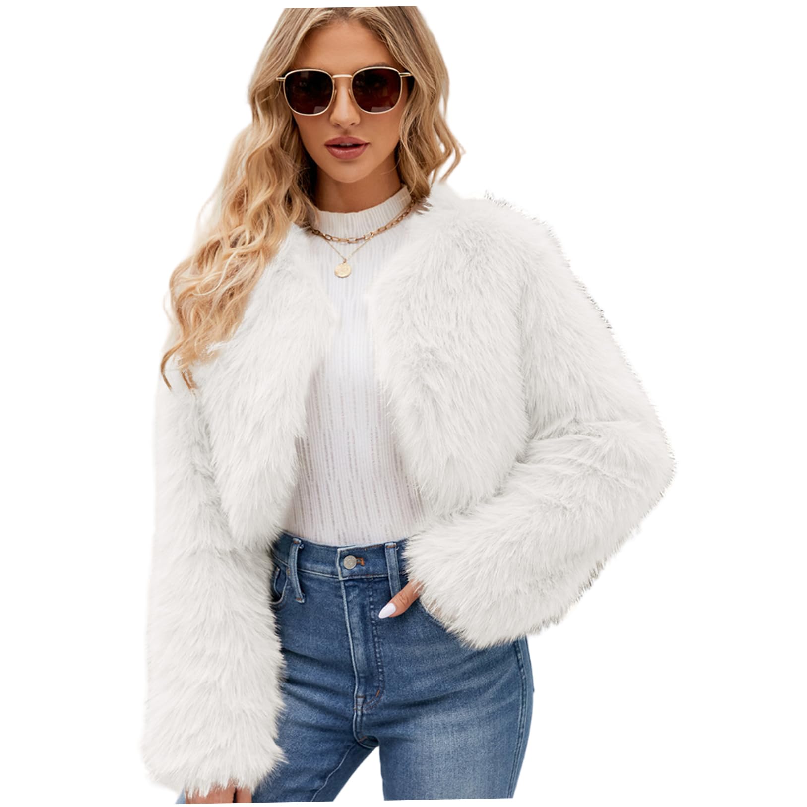 Bemonew White Fluffy Jacket Warm Fashion Cropped Faux Furs White Fluffy Coat Long Sleeve Open Front Furry Coats for Women, M