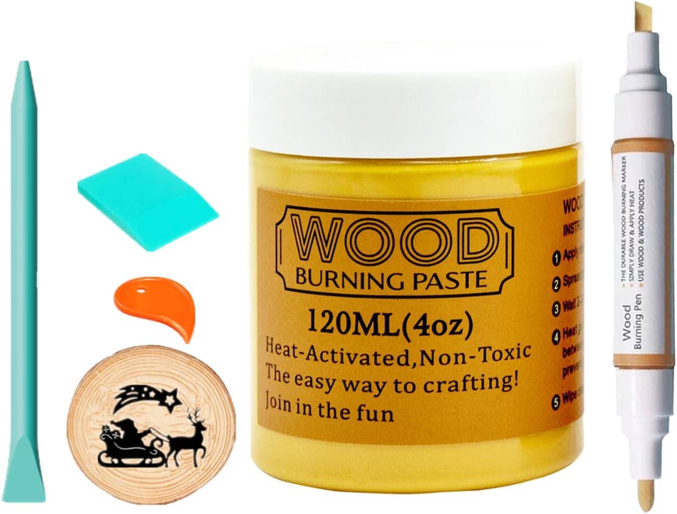 4 OZ Wood Burning Paste with 2 Mini Squeegees Wood Burning Pen, Wood Burning Gel Stable Heat Activated Paste Etching Cream for Wood Slice, Canvas, Denim, DIY Art Reusable Crafts Stencil Paint